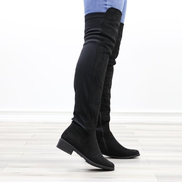 Thigh High Suede & Stretchy Material Low Heel Boot - Picture 6 of 14